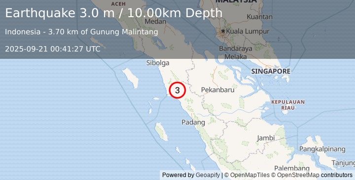 Earthquake NORTHERN SUMATRA, INDONESIA (3.0 m) (2025-09-21 00:41:27 UTC)