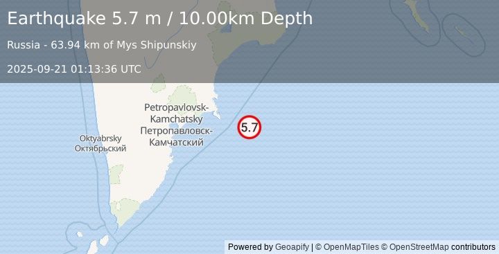 Earthquake OFF EAST COAST OF KAMCHATKA (5.7 mb) (2025-09-21 01:13:35 UTC)