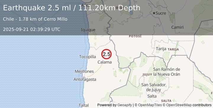 Earthquake ANTOFAGASTA, CHILE (2.5 ml) (2025-09-21 02:39:29 UTC)
