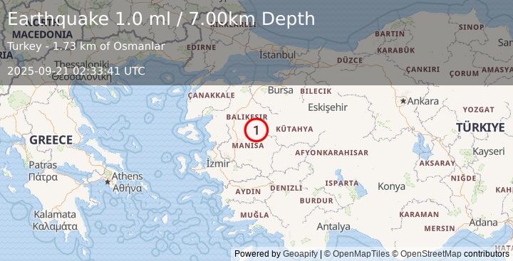 Earthquake WESTERN TURKEY (1.0 ml) (2025-09-21 02:33:41 UTC)