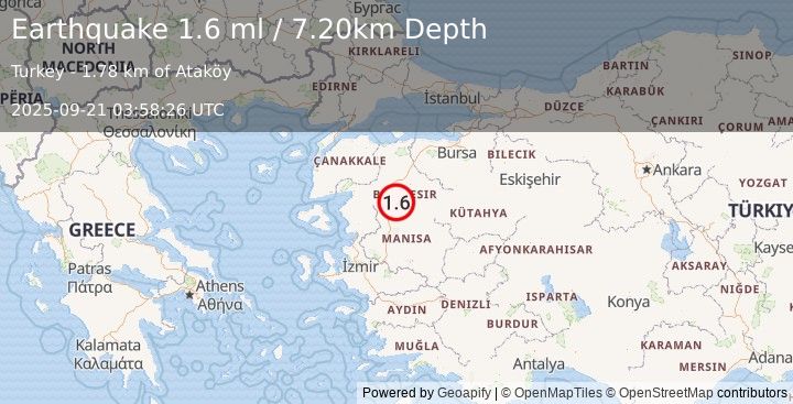 Earthquake WESTERN TURKEY (1.6 ml) (2025-09-21 03:58:26 UTC)