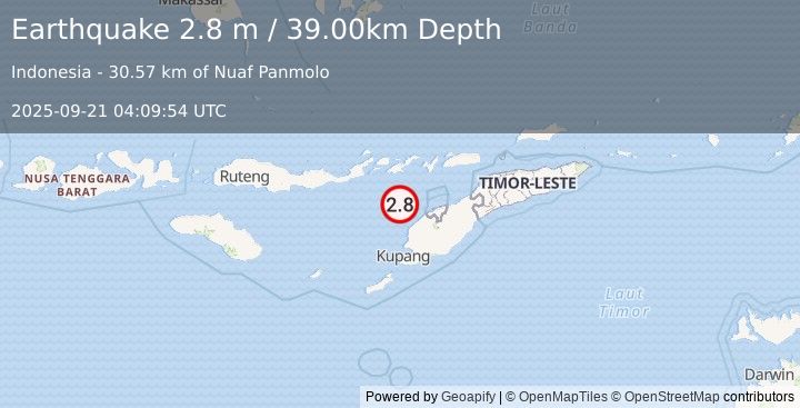 Earthquake TIMOR REGION, INDONESIA (2.8 m) (2025-09-21 04:09:54 UTC)