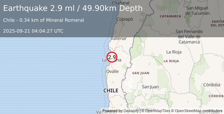 Earthquake COQUIMBO, CHILE (2.9 ml) (2025-09-21 04:04:27 UTC)