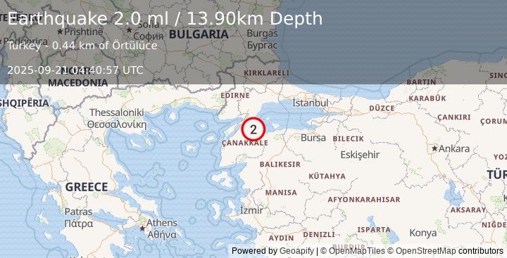 Earthquake WESTERN TURKEY (2.0 ml) (2025-09-21 04:40:57 UTC)