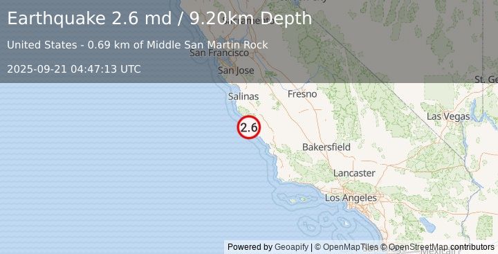 Earthquake OFFSHORE CENTRAL CALIFORNIA (2.6 md) (2025-09-21 04:47:13 UTC)