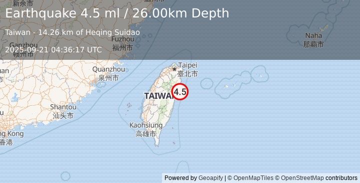 Earthquake TAIWAN (4.5 ml) (2025-09-21 04:36:17 UTC)