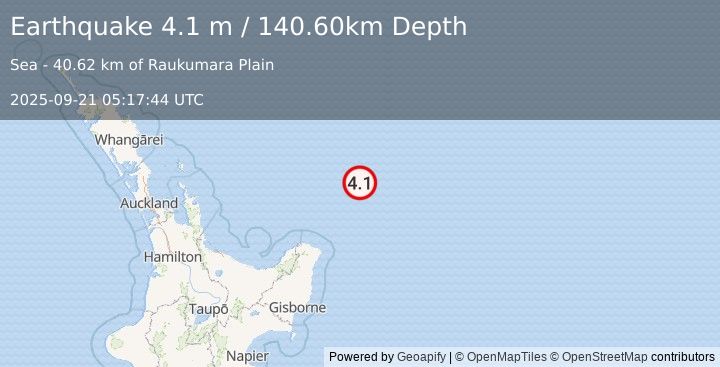 Earthquake OFF E. COAST OF N. ISLAND, N.Z. (4.1 m) (2025-09-21 05:17:44 UTC)
