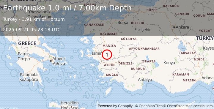 Earthquake WESTERN TURKEY (1.0 ml) (2025-09-21 05:28:18 UTC)