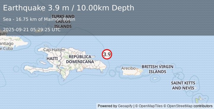 Earthquake DOMINICAN REPUBLIC REGION (3.9 m) (2025-09-21 05:29:24 UTC)