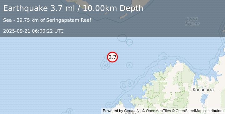 Earthquake NORTHWEST OF AUSTRALIA (3.7 ml) (2025-09-21 06:00:22 UTC)