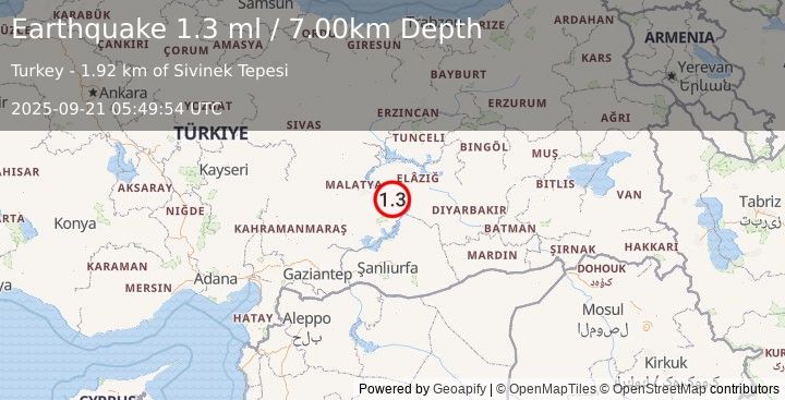 Earthquake EASTERN TURKEY (1.3 ml) (2025-09-21 05:49:54 UTC)