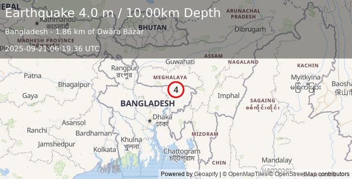 Earthquake MEGHALAYA, INDIA REGION (4.0 m) (2025-09-21 06:19:36 UTC)