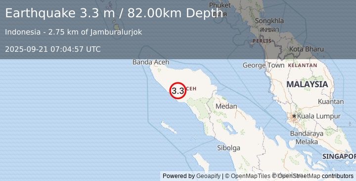 Earthquake NORTHERN SUMATRA, INDONESIA (3.3 m) (2025-09-21 07:04:57 UTC)