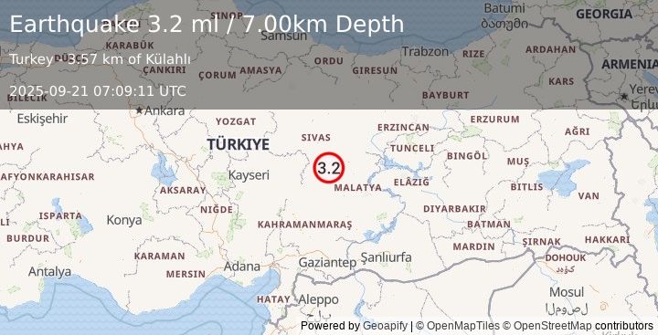 Earthquake CENTRAL TURKEY (3.2 ml) (2025-09-21 07:09:10 UTC)
