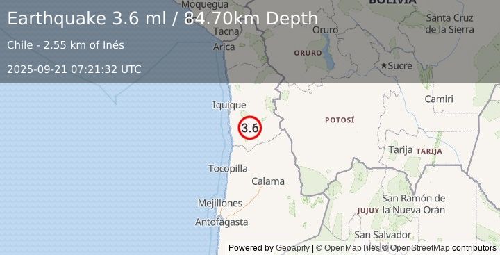 Earthquake TARAPACA, CHILE (3.6 ml) (2025-09-21 07:21:32 UTC)
