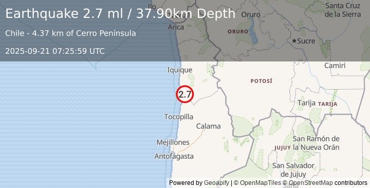 Earthquake TARAPACA, CHILE (2.7 ml) (2025-09-21 07:25:59 UTC)