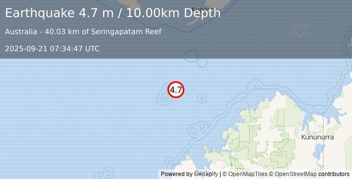 Earthquake NORTHWEST OF AUSTRALIA (4.9 mb) (2025-09-21 07:34:46 UTC)