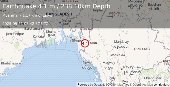 Earthquake MYANMAR-BANGLADESH BORDER REGION (4.1 m) (2025-09-21 07:42:37 UTC)