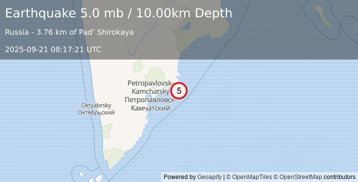 Earthquake NEAR EAST COAST OF KAMCHATKA (4.6 mb) (2025-09-21 08:17:27 UTC)