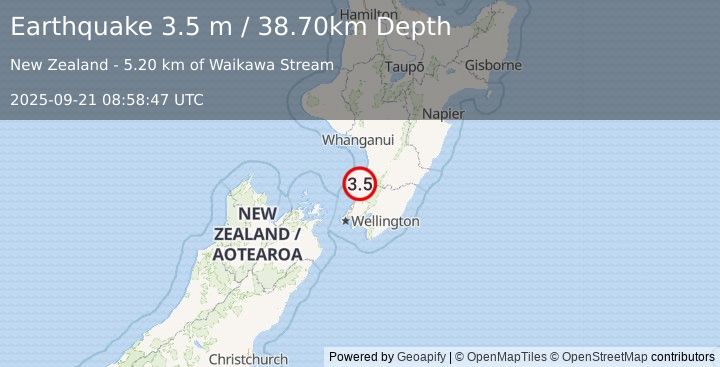 Earthquake NORTH ISLAND OF NEW ZEALAND (3.5 m) (2025-09-21 08:58:47 UTC)