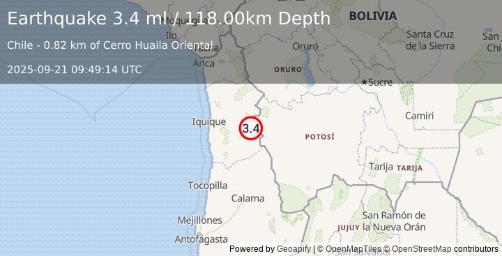 Earthquake TARAPACA, CHILE (3.4 ml) (2025-09-21 09:49:14 UTC)