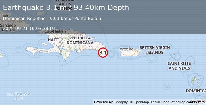 Earthquake MONA PASSAGE, DOMINICAN REPUBLIC (3.1 m) (2025-09-21 10:03:34 UTC)