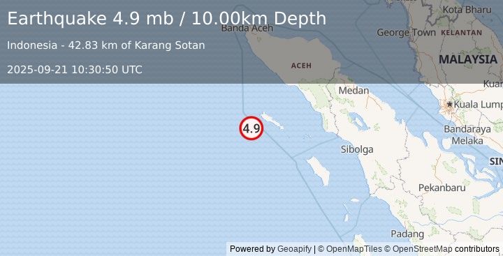 Earthquake SIMEULUE, INDONESIA (4.9 mb) (2025-09-21 10:30:50 UTC)