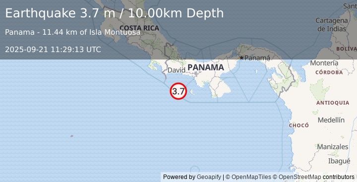 Earthquake SOUTH OF PANAMA (3.7 m) (2025-09-21 11:29:13 UTC)