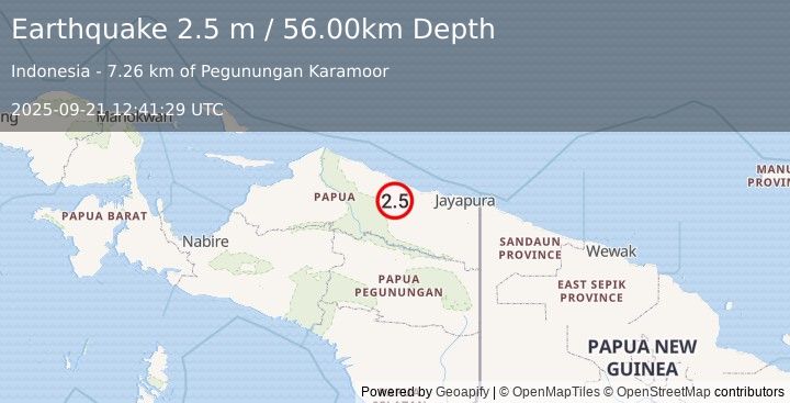 Earthquake NEAR N COAST OF PAPUA, INDONESIA (2.5 m) (2025-09-21 12:41:29 UTC)