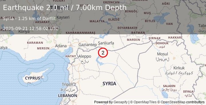 Earthquake TURKEY-SYRIA BORDER REGION (2.0 ml) (2025-09-21 12:58:02 UTC)