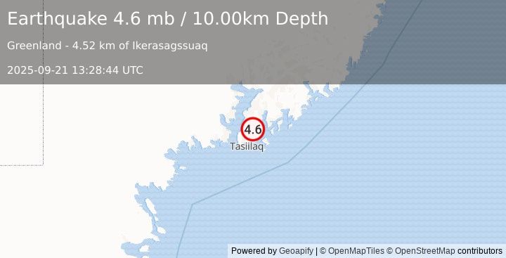 Earthquake EASTERN GREENLAND (4.6 mb) (2025-09-21 13:28:44 UTC)