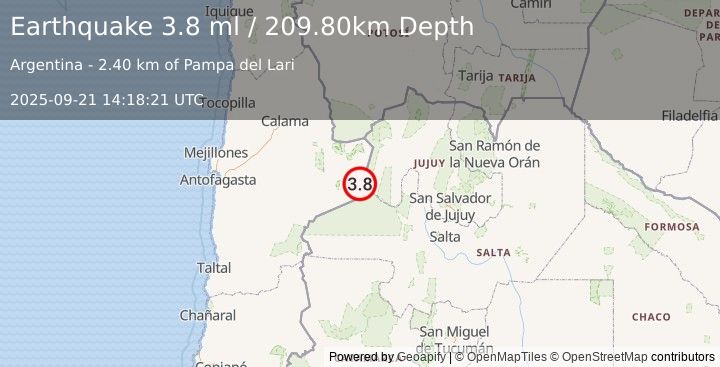 Earthquake JUJUY, ARGENTINA (3.8 ml) (2025-09-21 14:18:20 UTC)