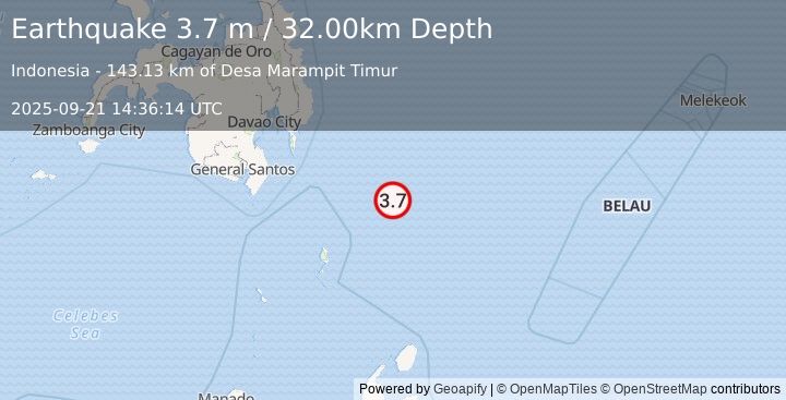Earthquake EAST OF PHILIPPINE ISLANDS (3.7 m) (2025-09-21 14:36:14 UTC)