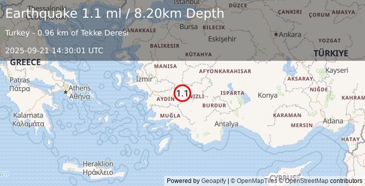 Earthquake WESTERN TURKEY (1.1 ml) (2025-09-21 14:30:01 UTC)