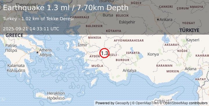 Earthquake WESTERN TURKEY (1.7 ml) (2025-09-21 14:33:56 UTC)