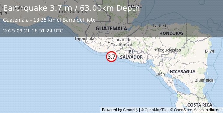 Earthquake OFFSHORE GUATEMALA (3.7 m) (2025-09-21 16:51:24 UTC)