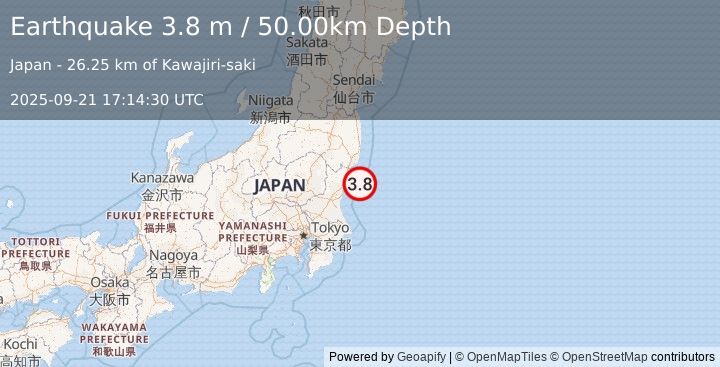 Earthquake NEAR EAST COAST OF HONSHU, JAPAN (3.8 m) (2025-09-21 17:14:30 UTC)