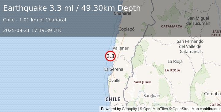 Earthquake ATACAMA, CHILE (3.3 ml) (2025-09-21 17:19:39 UTC)