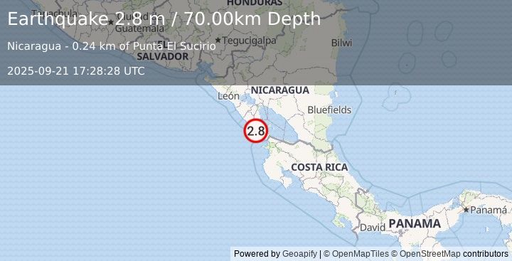 Earthquake NEAR COAST OF NICARAGUA (2.8 m) (2025-09-21 17:28:28 UTC)