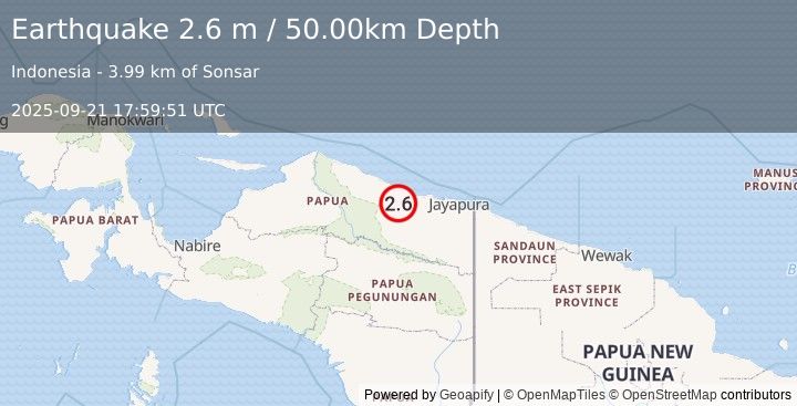 Earthquake NEAR N COAST OF PAPUA, INDONESIA (2.6 m) (2025-09-21 17:59:51 UTC)