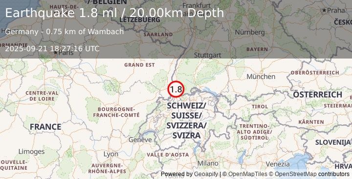 Earthquake FRANCE-GERMANY BORDER REGION (1.8 ml) (2025-09-21 18:27:16 UTC)