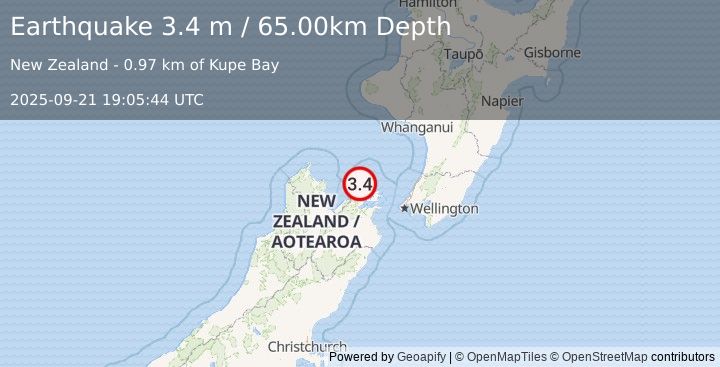 Earthquake COOK STRAIT, NEW ZEALAND (3.4 m) (2025-09-21 19:05:44 UTC)