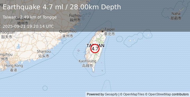 Earthquake TAIWAN (4.7 ml) (2025-09-21 19:20:14 UTC)