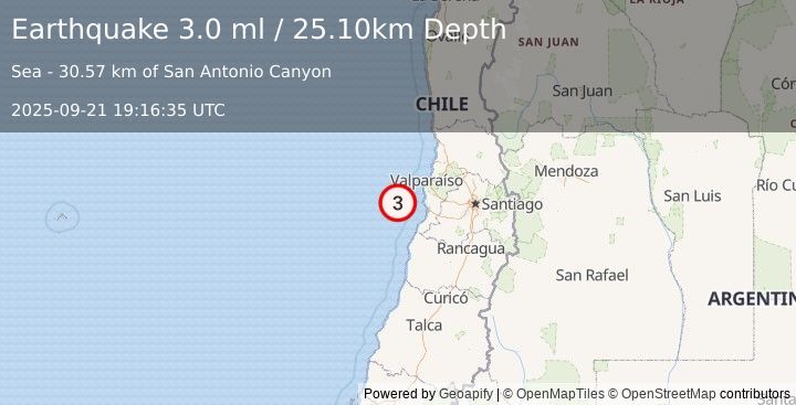 Earthquake OFFSHORE VALPARAISO, CHILE (3.0 ml) (2025-09-21 19:16:35 UTC)