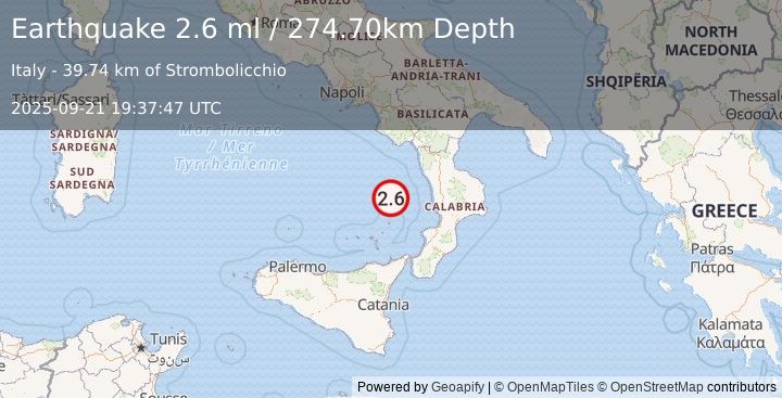 Earthquake SOUTHERN ITALY (2.6 ml) (2025-09-21 19:37:47 UTC)