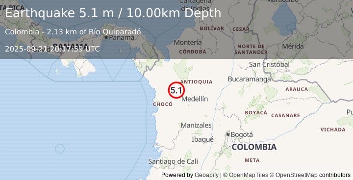 Earthquake NORTHERN COLOMBIA (4.9 mb) (2025-09-21 20:17:57 UTC)