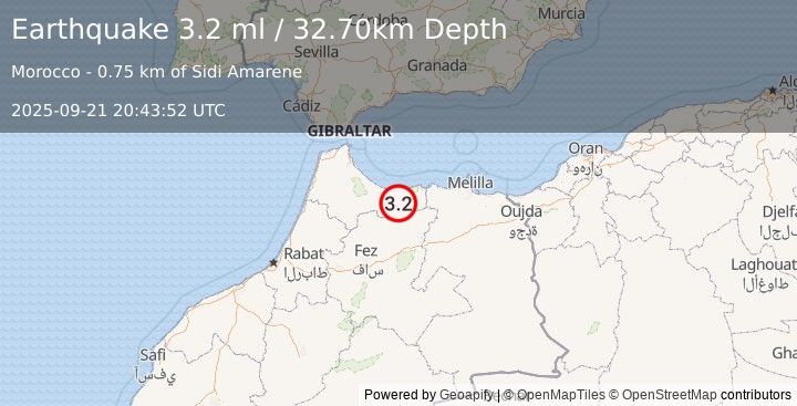 Earthquake MOROCCO (3.2 ml) (2025-09-21 20:43:52 UTC)