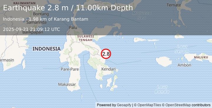 Earthquake SULAWESI, INDONESIA (2.8 m) (2025-09-21 21:09:12 UTC)