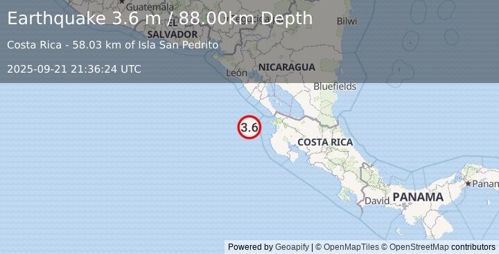 Earthquake OFF COAST OF COSTA RICA (3.6 m) (2025-09-21 21:36:25 UTC)