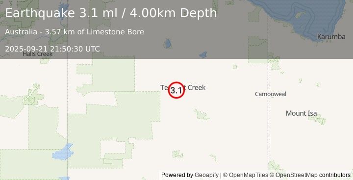 Earthquake NORTHERN TERRITORY, AUSTRALIA (3.1 ml) (2025-09-21 21:50:31 UTC)